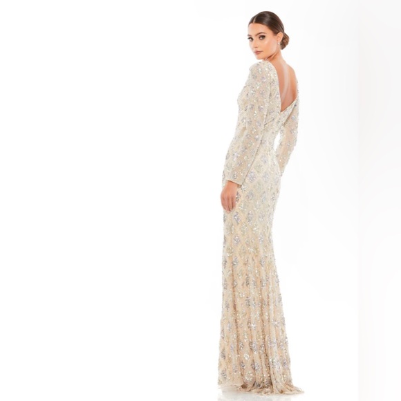 Mac Duggal Long Sleeve Cream Gown with Silver Accents - Picture 4 of 10